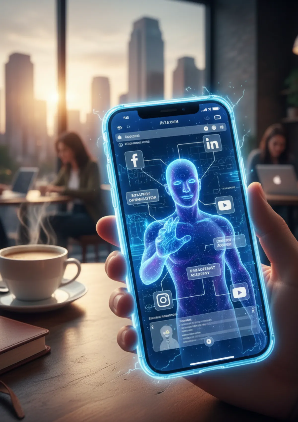 Une main tient un téléphone affichant l'assistant IA et les réseaux sociaux, dans un café