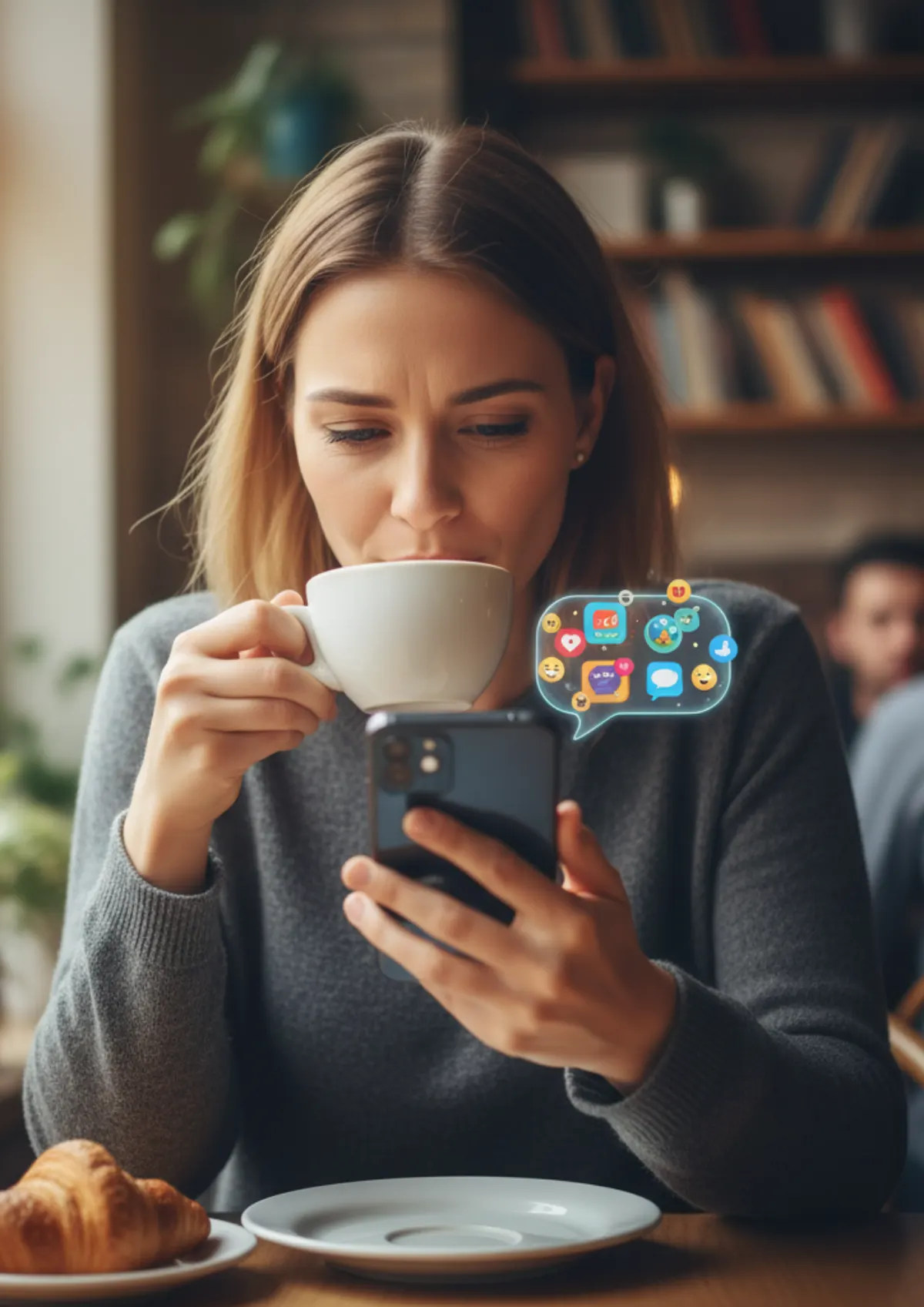 Une gérante valide ses publications sur son téléphone en buvant son café du matin